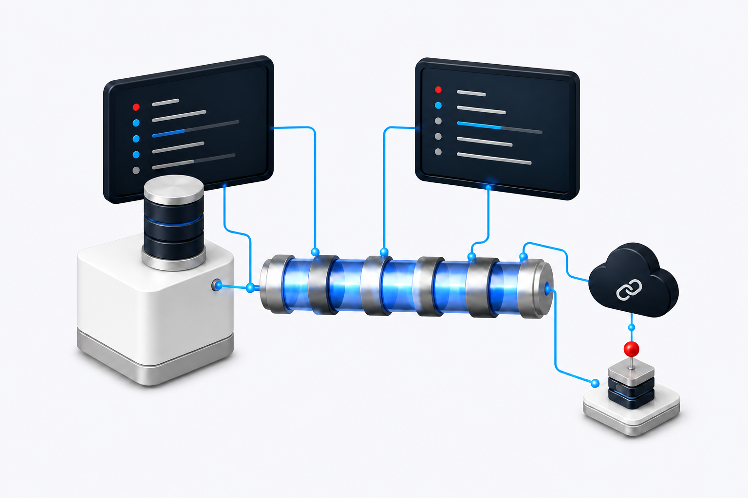 Illustration of a data pipeline connecting and processing multiple systems