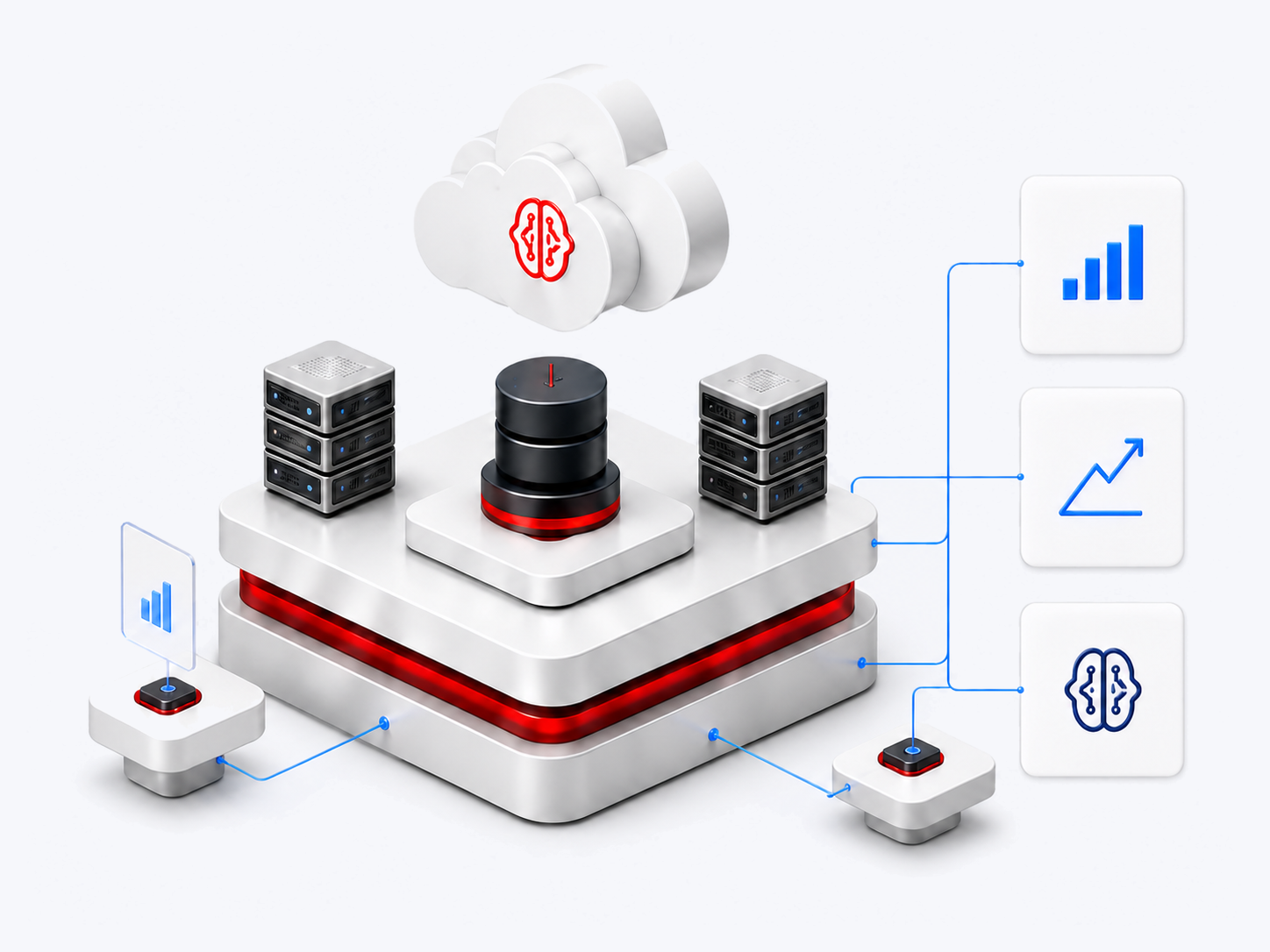 Isometric illustration of a layered Full Orbit data platform, connected to insights around reporting, growth and AI