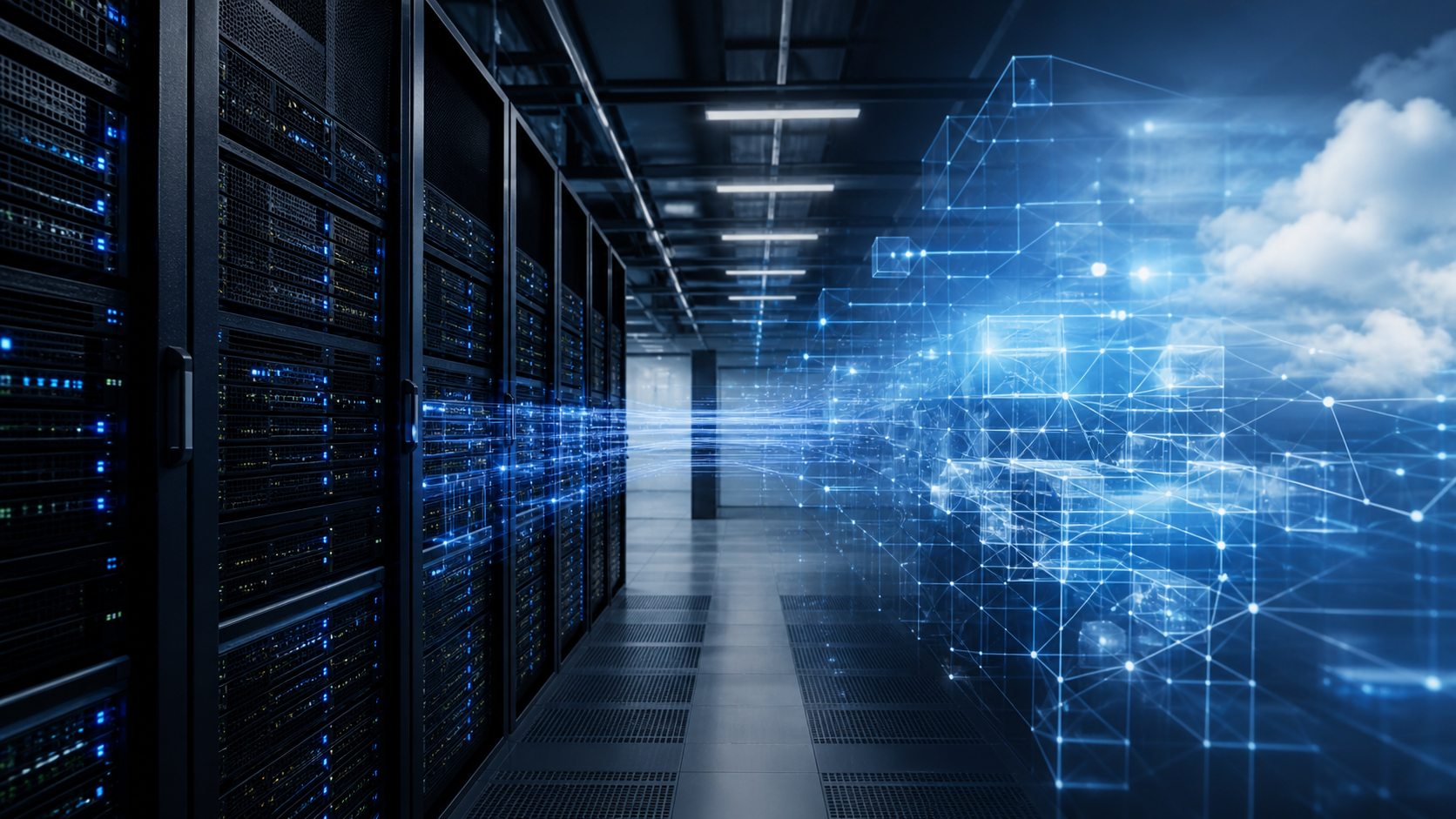 Corridor with server racks transitioning into an abstract cloud and network visualisation