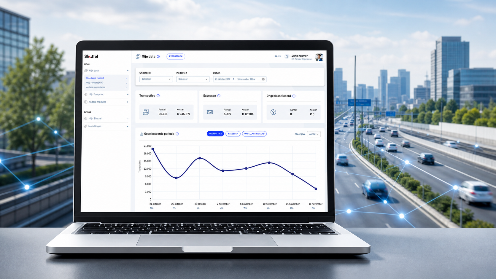 Laptop displaying the Shuttel 'My Data' dashboard with transaction, exception and modality overviews, against a motorway and city skyline with digital connection lines