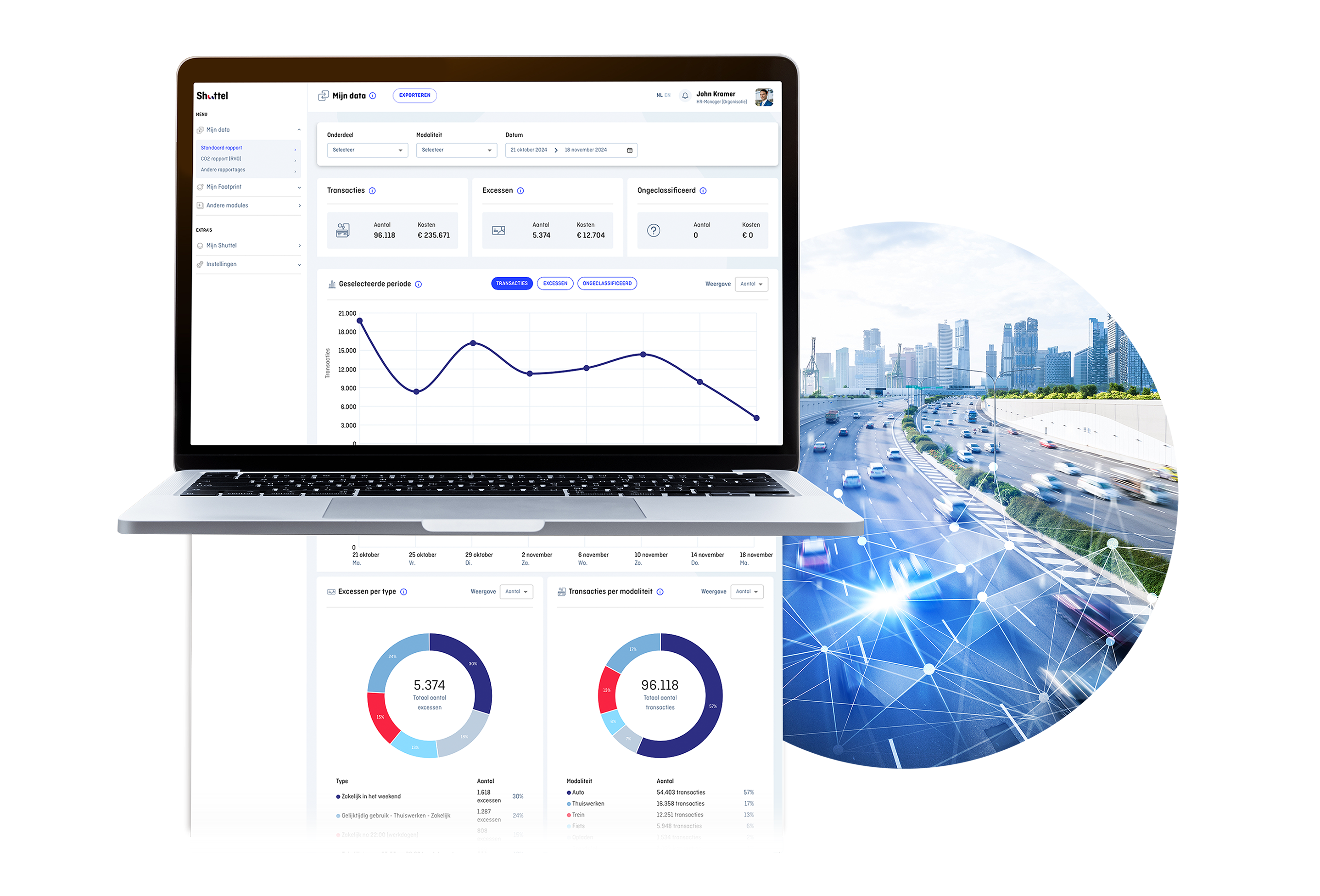 Laptop displaying the Shuttel 'My Data' dashboard with transaction, exception and modality overviews, against a motorway and city skyline with digital connection lines.