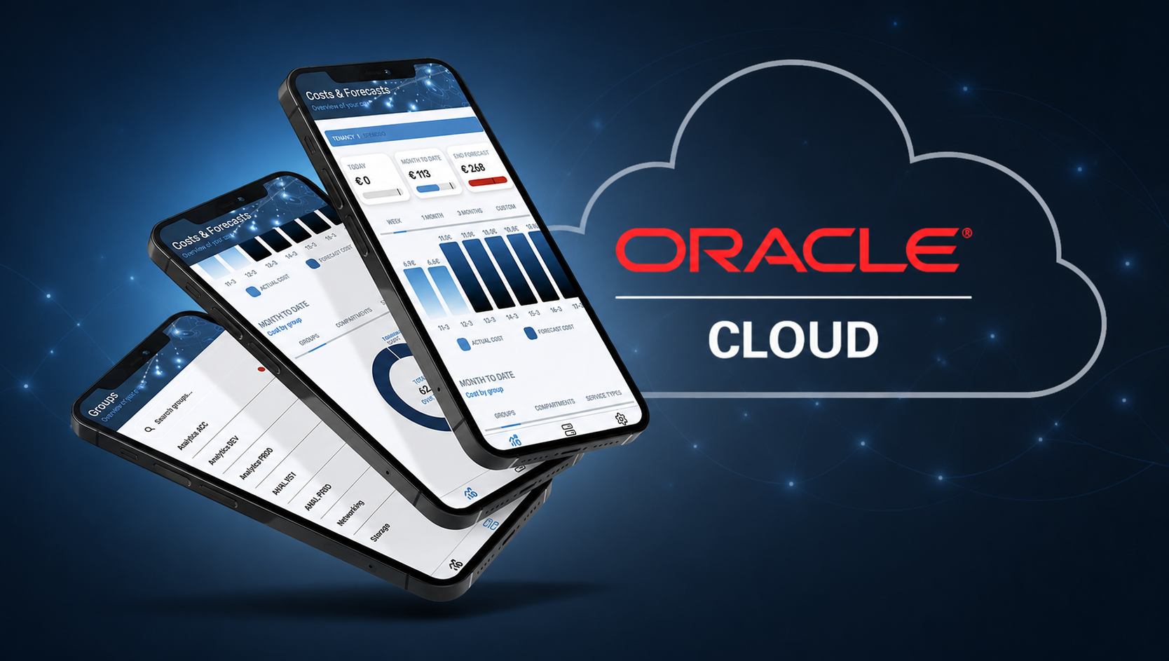 Screen display of the Cost Manager App for Oracle Cloud on three smartphones, with cost and forecast overviews