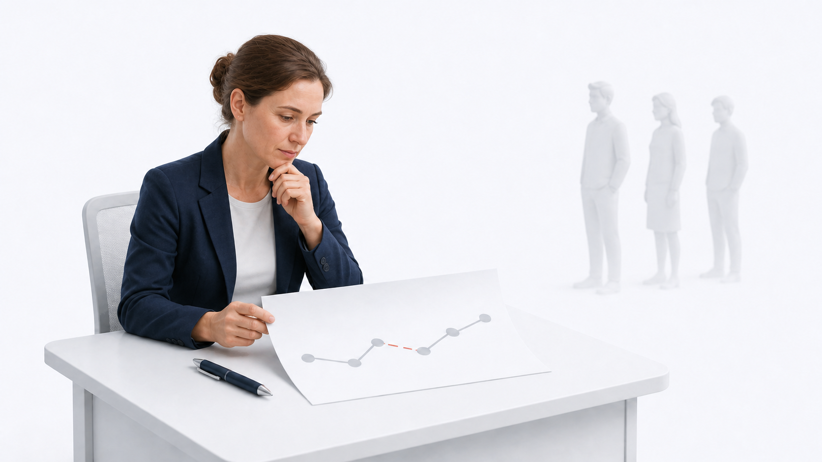 Woman at a desk looking at a progress line on paper with a missing link, symbolising the translation from an abstract care need into a concrete treatment goal