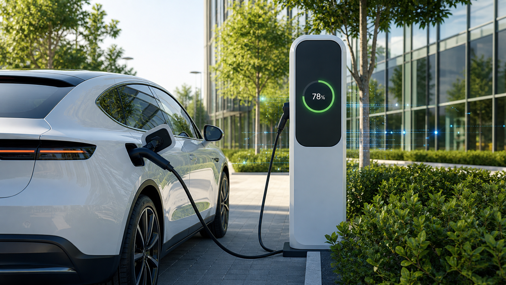 Electric car charging at a charging station, with a display showing the charge level