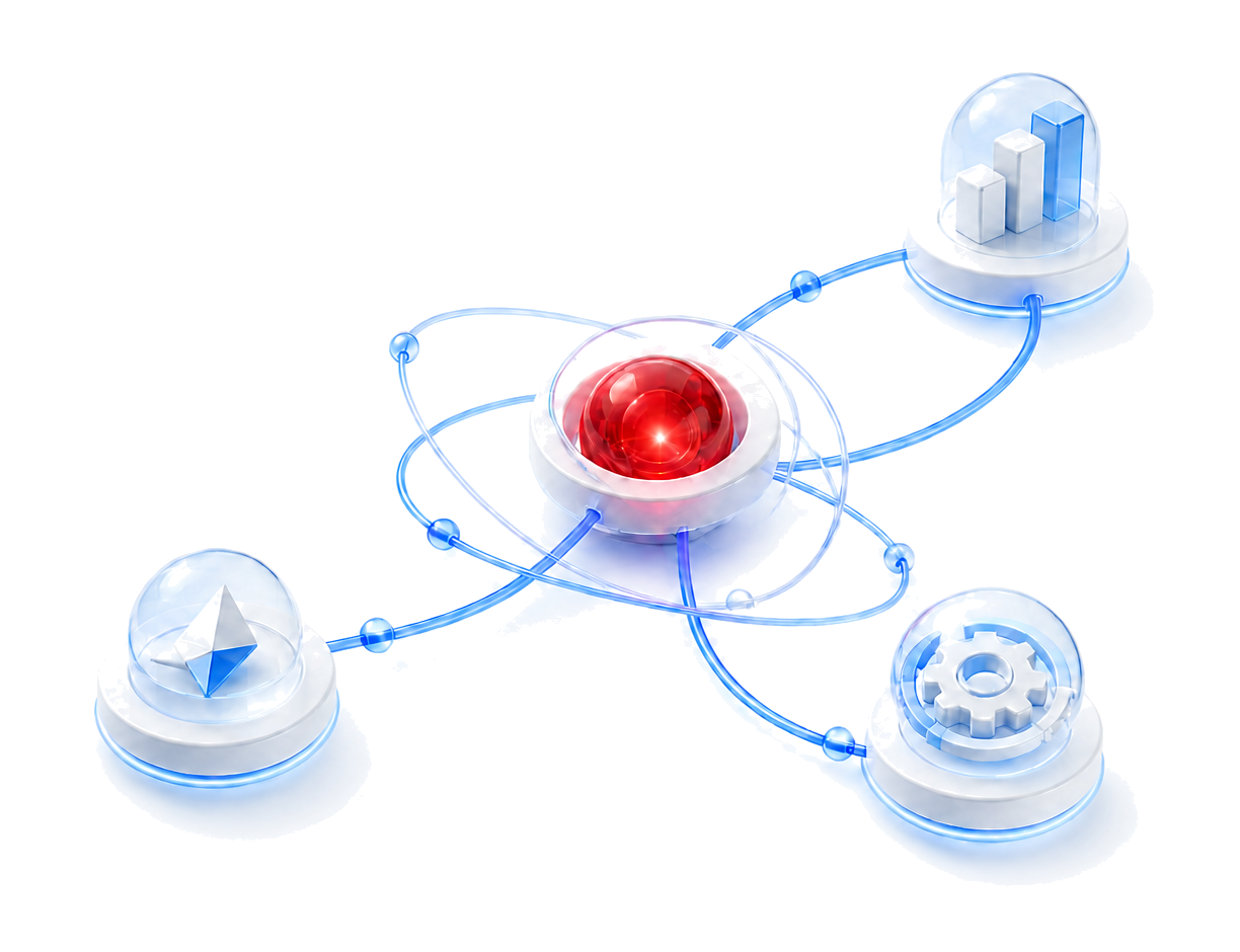 3D illustration of a glowing central sphere surrounded by a ring of connected icons for growth, automation and data — symbolising Full Orbit's collaborative approach