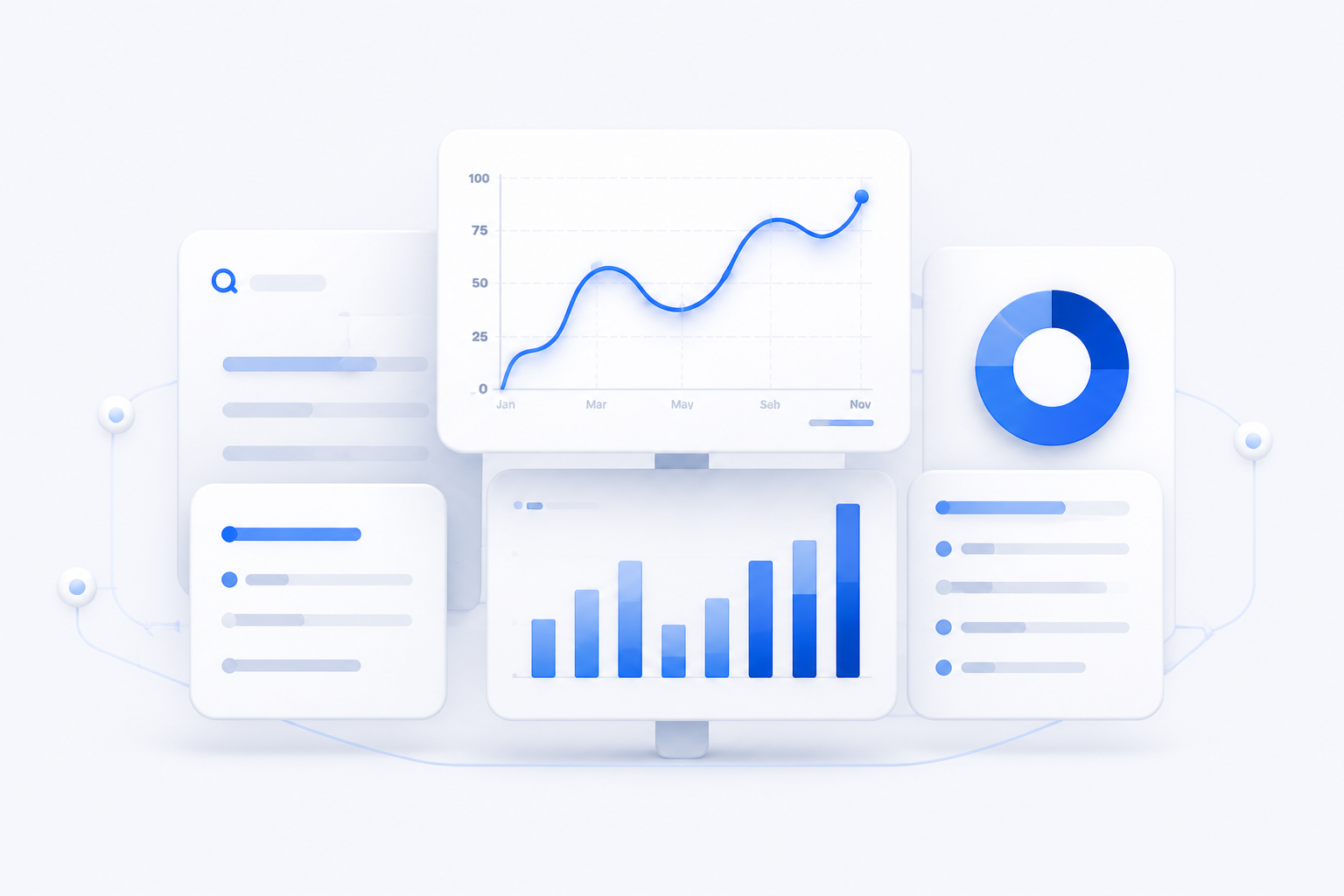 Floating dashboard cards with a line chart, bar chart, donut chart and list cards, connected by a soft circle
